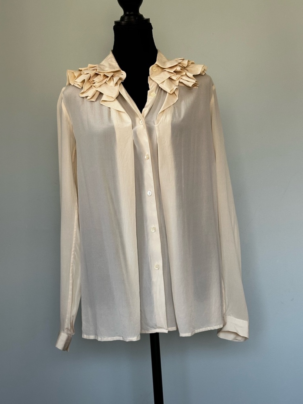 Etro Silk Ruffle Blouse – Cream Romantic Collar Shirt Made in Italy